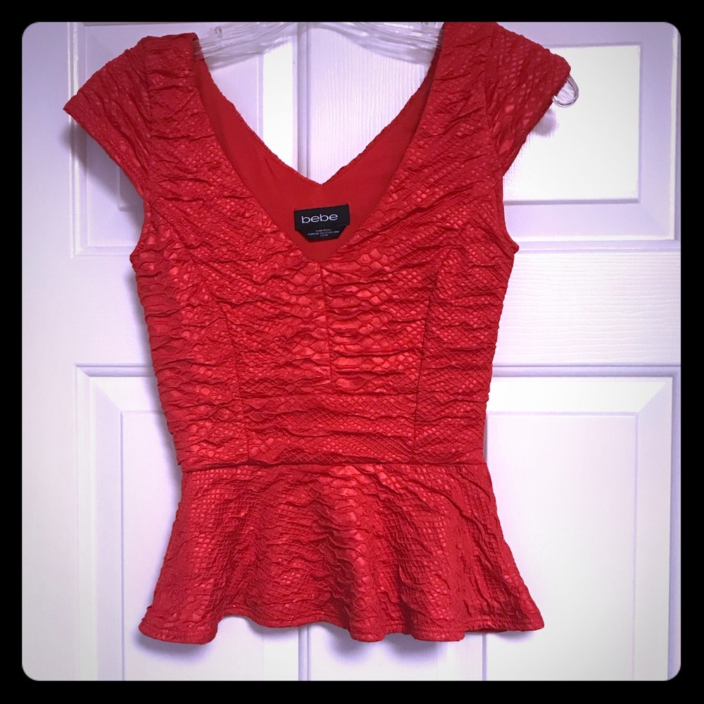 Bebe Red Snake Texture Foil Sheen Lined Peplum Top